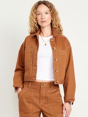 Old Navy crop utility jacket, mid-rise straight leg pants and mini skirt